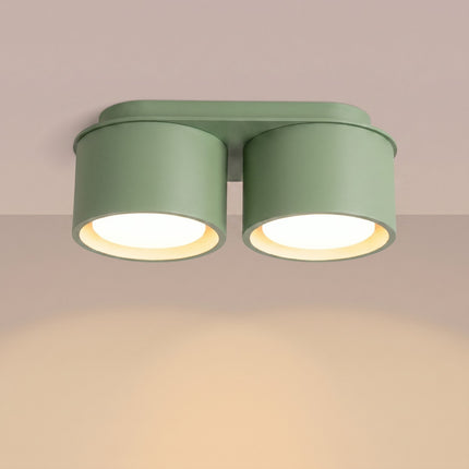 Plafonnier double Pastille vert sauge, lumière allumée