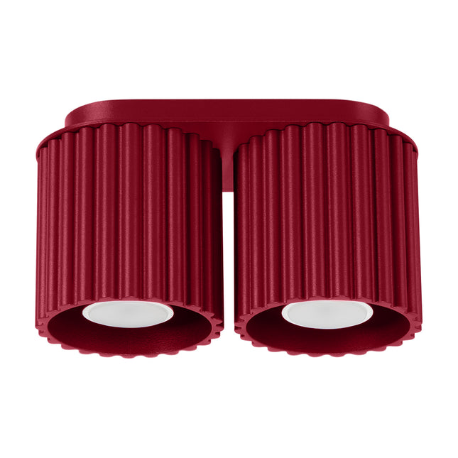 Plafonnier double spot Aura en aluminium rainuré bordeaux, deux tubes GU10, vue de face