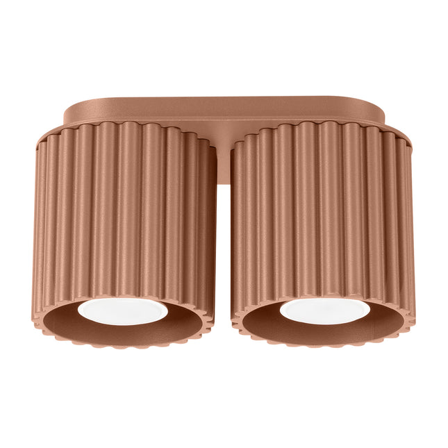 Plafonnier double spot Aura en aluminium cannelé moka, vue de face sur fond clair