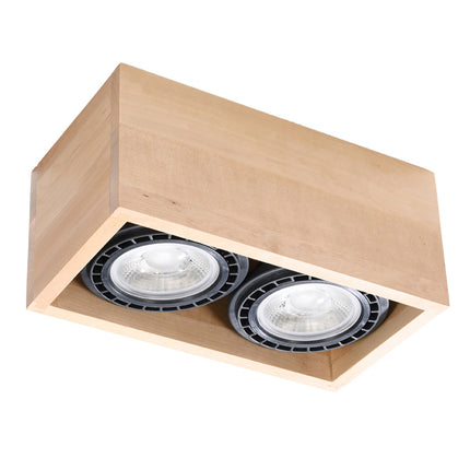Plafonnier double spot en bois naturel aux réflecteurs noirs orientables, vu de trois quarts