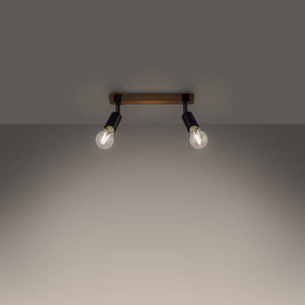 Plafonnier Élégance Bois Noir 2 spots allumé, lumière chaude diffusée par les ampoules à filament