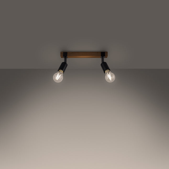 Plafonnier Élégance Bois Noir 2 spots allumé, lumière chaude diffusée par les ampoules à filament