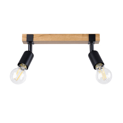 Plafonnier Élégance Bois Noir 2 spots, poutre en bois naturel et têtes orientables en métal noir