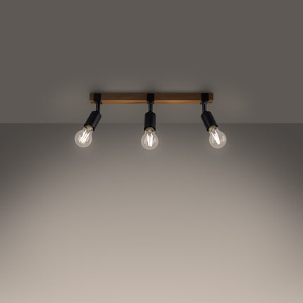 Plafonnier Élégance Bois Noir 3 spots allumé, lumière chaude diffusée par les ampoules à filament