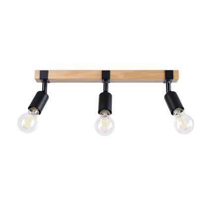 Plafonnier Élégance Bois Noir 3 spots, poutre en bois naturel et têtes orientables en métal noir