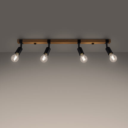Plafonnier Élégance Bois Noir 4 spots allumé, lumière chaude diffusée par les ampoules à filament