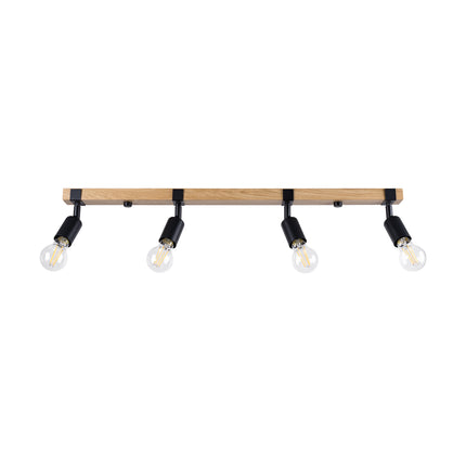Plafonnier Élégance Bois Noir 4 spots, poutre en bois naturel et têtes orientables en métal noir