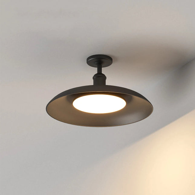 Plafonnier extérieur vintage industriel noir LED en acier, coupe évasée et diffuseur opale