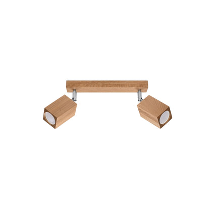 Plafonnier facette cubique 2 spots en chêne, vue de face, barre de bois et têtes orientables.