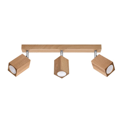 Plafonnier facette cubique 3 spots en chêne, vue de face, barre de bois et têtes orientables.
