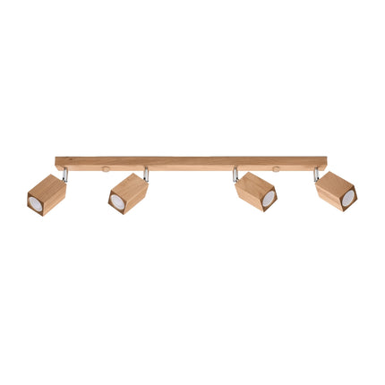 Plafonnier facette cubique 4 spots en chêne, vue de face, barre de bois et têtes orientables.