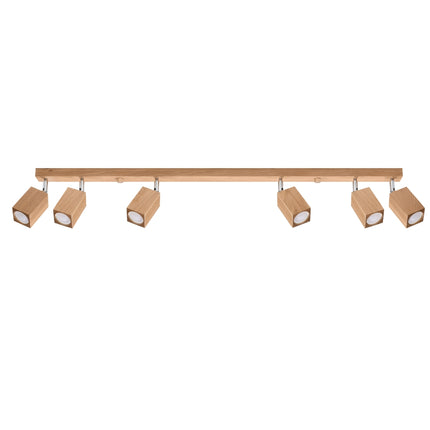 Plafonnier facette cubique 6 spots en chêne, vue de face, barre de bois et têtes orientables.