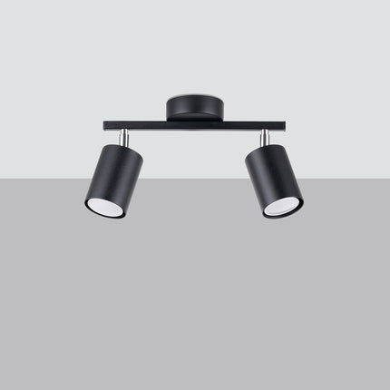 Plafonnier Focus Moderne 2 noir vu de profil, articulation chromée et tête cylindrique en acier.