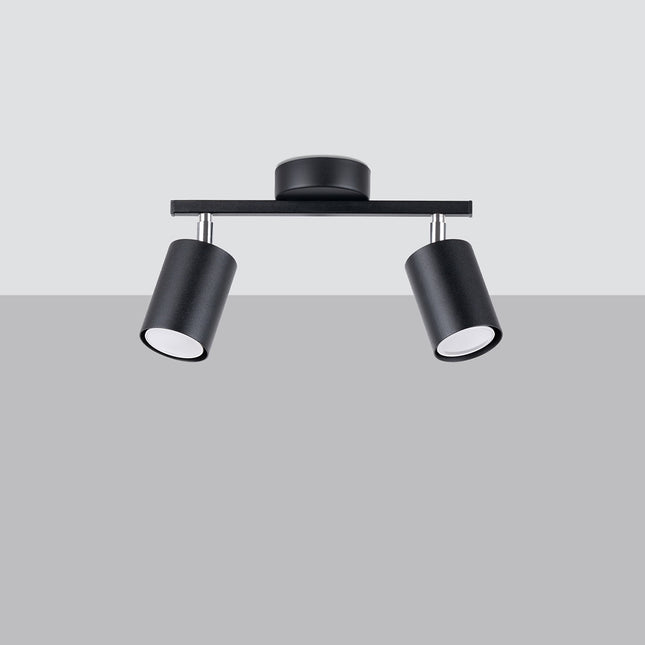 Plafonnier Focus Moderne 2 noir vu de profil, articulation chromée et tête cylindrique en acier.