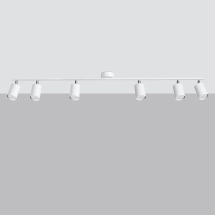 Plafonnier barre blanche à 6 spots cylindriques orientables, finition mate, connecteurs chromés, vue éteinte