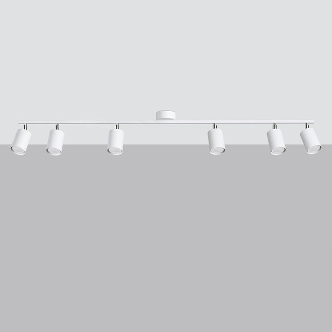 Plafonnier barre blanche à 6 spots cylindriques orientables, finition mate, connecteurs chromés, vue éteinte