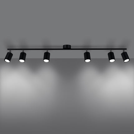 Plafonnier Focus Moderne 6 spots noir allumé, diffusion de la lumière GU10 vers le sol