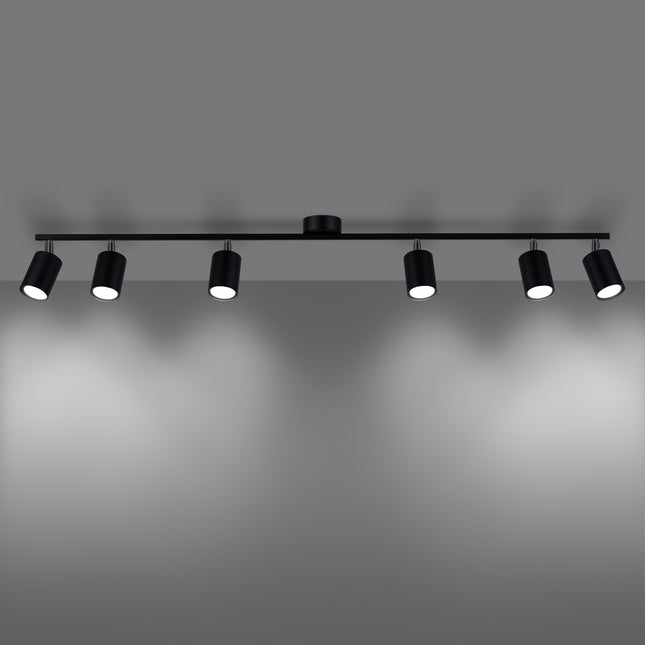 Plafón Focus Moderno 6 focos negro encendido, difusión de la luz GU10 hacia el suelo