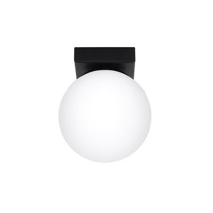 Plafonnier Globe Solis noir, globe en verre opale sur platine carrée en acier noir mat, vu de face