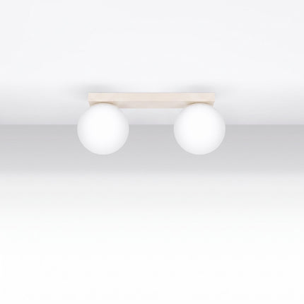 Plafonnier Globe Solis 2 globes beige, installé au plafond dans un intérieur clair