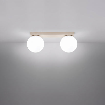 Plafonnier Globe Solis 2 globes beige allumé, halo doux du verre opalin