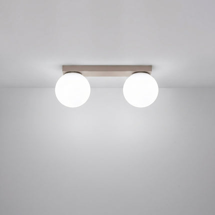 Plafonnier Globe Solis 2 globes taupe allumé, halo doux du verre opalin