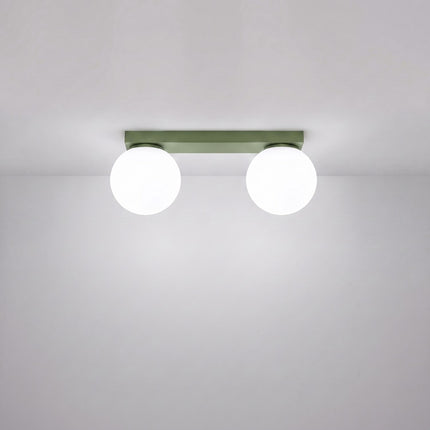 Plafonnier Globe Solis 2 globes vert olive allumé, halo doux du verre opalin