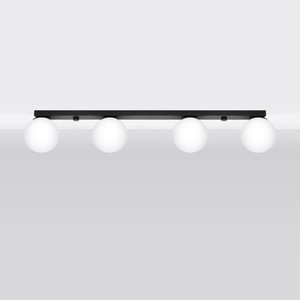Plafonnier Globe Solis 4 globes noir, quatre sphères en verre opale sur platine acier noir mat