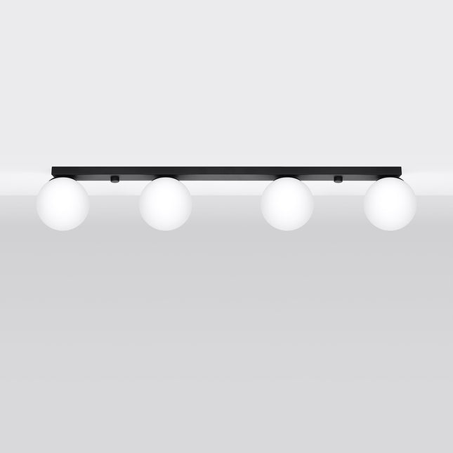 Plafonnier Globe Solis 4 globes noir, quatre sphères en verre opale sur platine acier noir mat