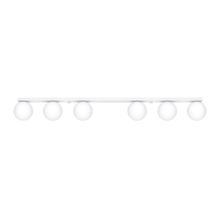 Plafonnier Globe Solis 6 globes blanc, barre acier et globes en verre opale sur fond blanc