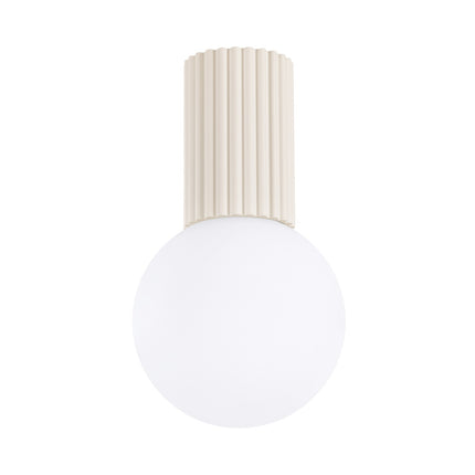 Plafonnier Halo beige IP44, cylindre nervuré en aluminium et globe en verre opalin, vue 1