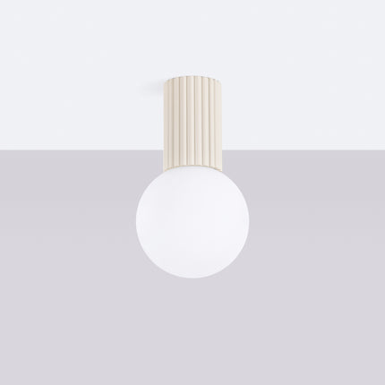 Plafonnier Halo beige IP44, cylindre nervuré en aluminium et globe en verre opalin, vue 2