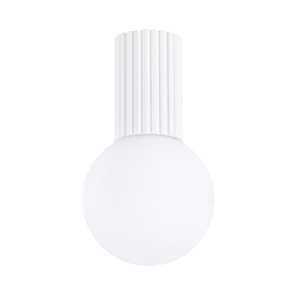 Plafonnier Halo blanc IP44, cylindre nervuré en aluminium et globe en verre opalin, vue 1
