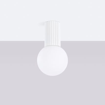 Plafonnier Halo blanc IP44, cylindre nervuré en aluminium et globe en verre opalin, vue 2