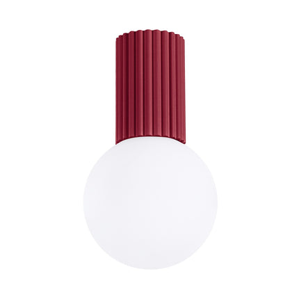 Plafonnier Halo bordeaux IP44, cylindre nervuré en aluminium et globe en verre opalin, vue 1