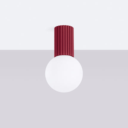 Plafonnier Halo bordeaux IP44, cylindre nervuré en aluminium et globe en verre opalin, vue 2
