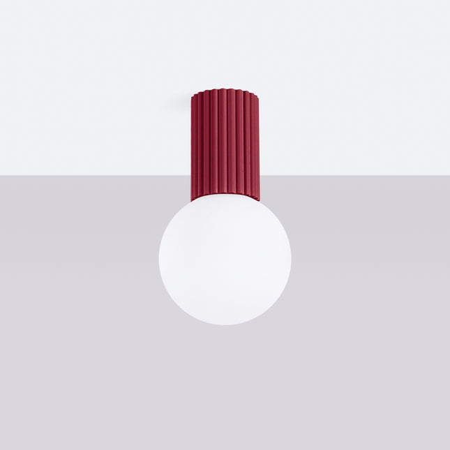 Plafonnier Halo bordeaux IP44, cylindre nervuré en aluminium et globe en verre opalin, vue 2