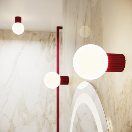 Plafonnier Halo bordeaux IP44, cylindre nervuré en aluminium et globe en verre opalin, vue 12