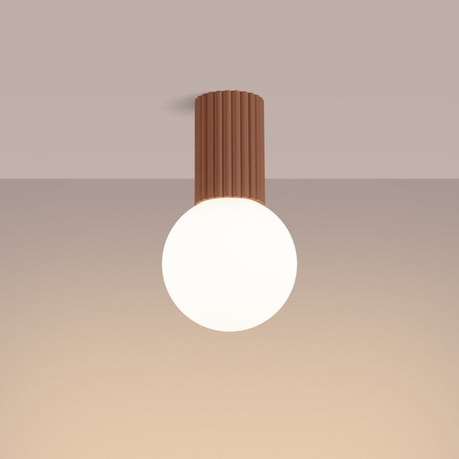 Plafonnier Halo moka IP44, cylindre nervuré en aluminium et globe en verre opalin, vue 3