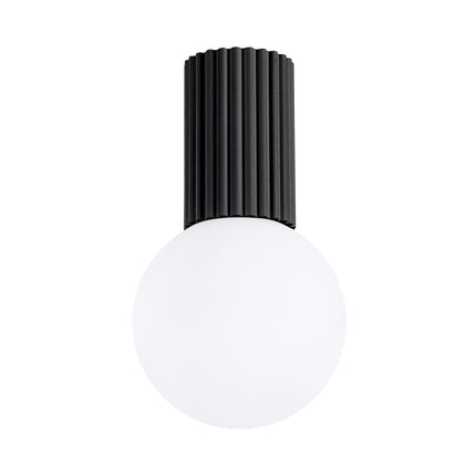 Plafonnier Halo noir IP44, cylindre nervuré en aluminium et globe en verre opalin, vue 1