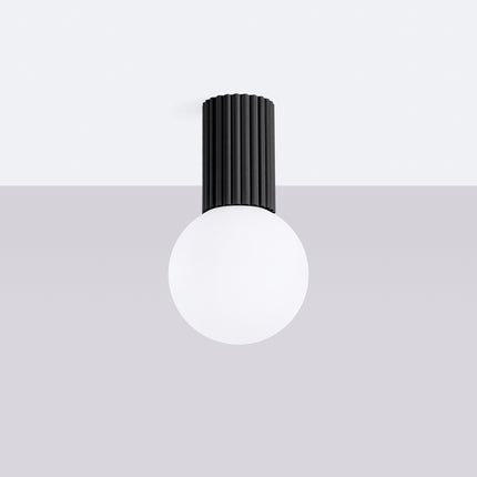Plafonnier Halo noir IP44, cylindre nervuré en aluminium et globe en verre opalin, vue 2