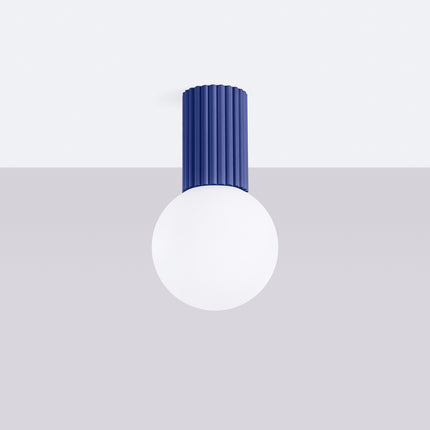 Plafonnier Halo outremer IP44, cylindre nervuré en aluminium et globe en verre opalin, vue 2