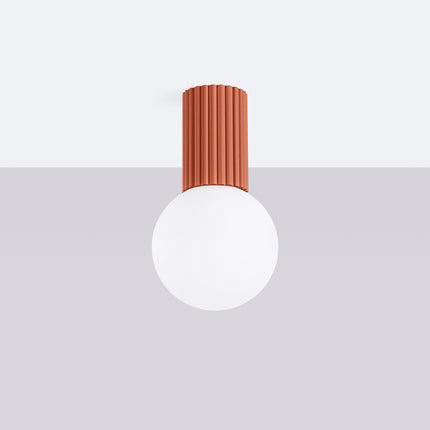 Plafonnier Halo rouge ocre IP44, cylindre nervuré en aluminium et globe en verre opalin, vue 2