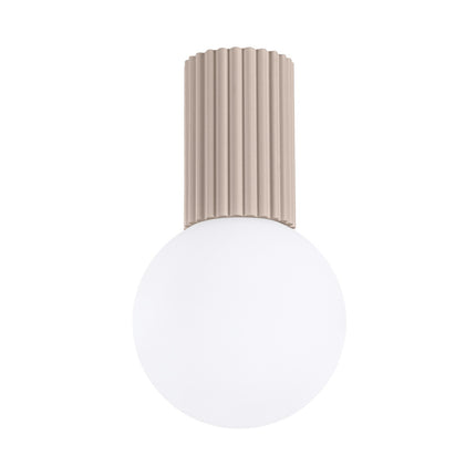 Plafonnier Halo taupe IP44, cylindre nervuré en aluminium et globe en verre opalin, vue 1