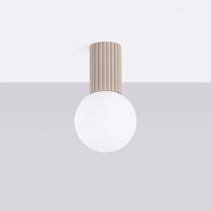 Plafonnier Halo taupe IP44, cylindre nervuré en aluminium et globe en verre opalin, vue 2
