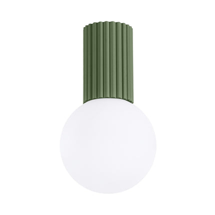 Plafonnier Halo vert olive IP44, cylindre nervuré en aluminium et globe en verre opalin, vue 1