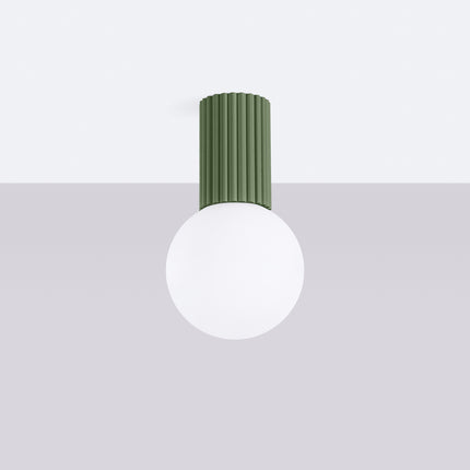 Plafonnier Halo vert olive IP44, cylindre nervuré en aluminium et globe en verre opalin, vue 2