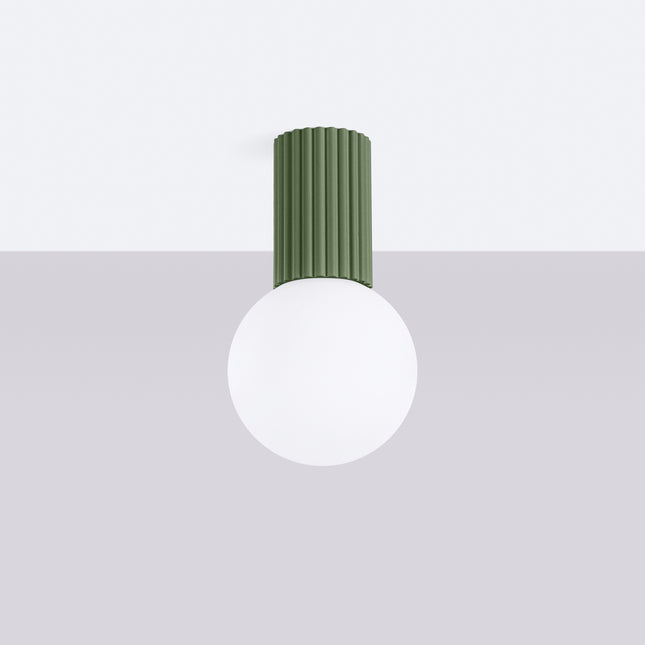 Plafonnier Halo vert olive IP44, cylindre nervuré en aluminium et globe en verre opalin, vue 2
