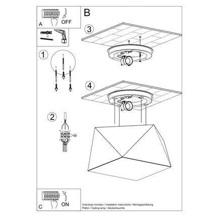 Notice d'installation du plafonnier Hexa au plafond : fixation puis raccordement électrique en quatre étapes