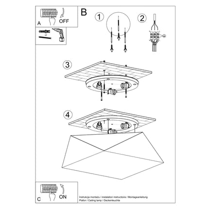 Notice d'installation du plafonnier Hexa au plafond : fixation puis raccordement électrique en quatre étapes